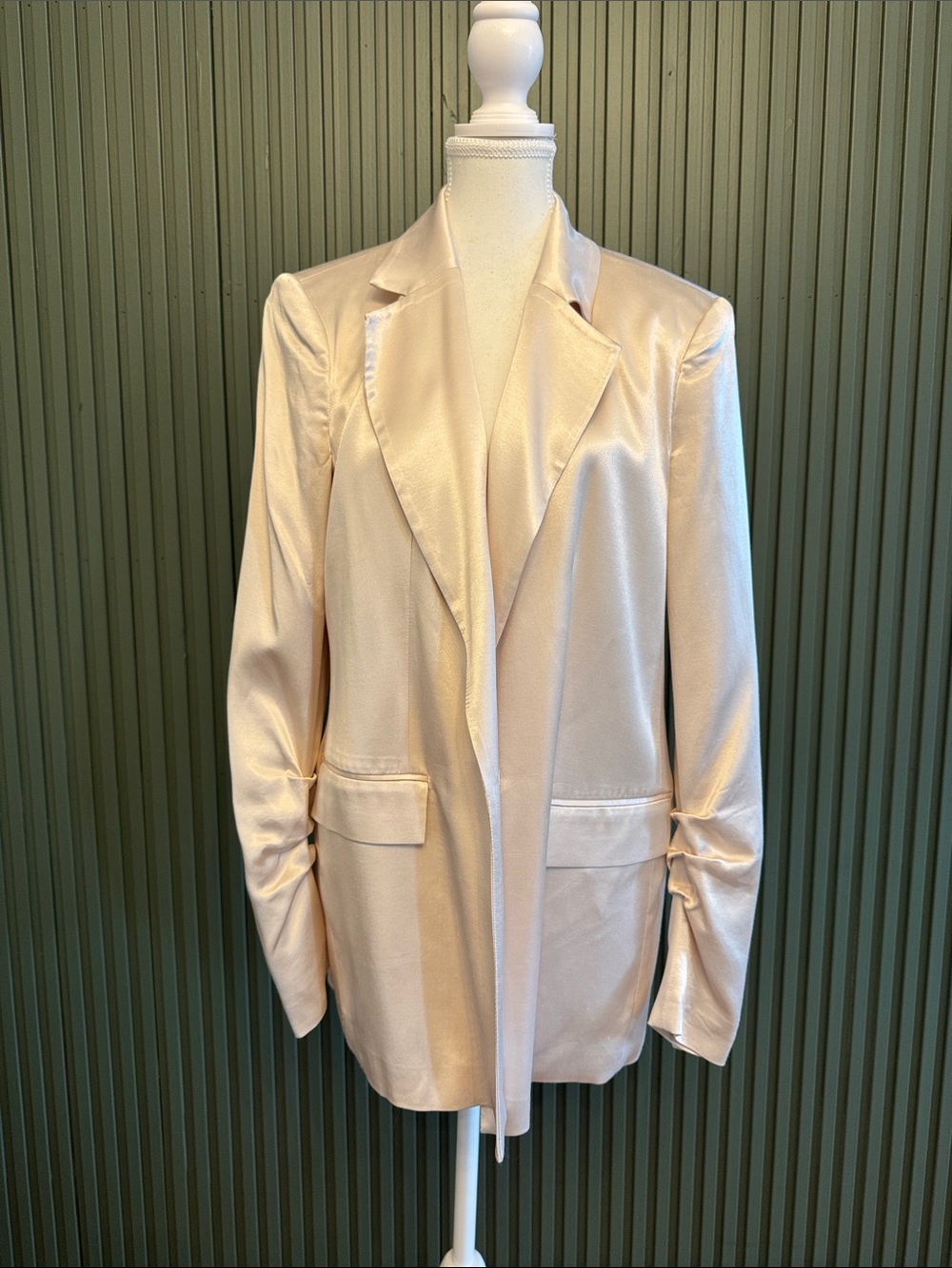 Zara Satin Look Open-Front Blazer in Light Beige